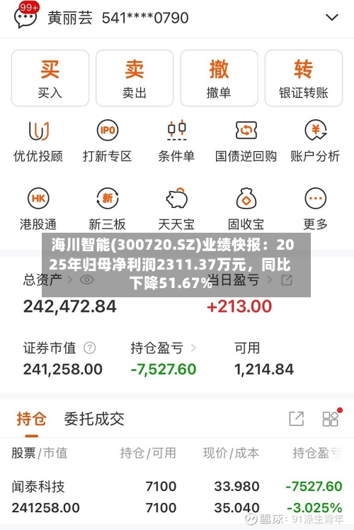 海川智能(300720.SZ)业绩快报：2025年归母净利润2311.37万元	，同比下降51.67%-第1张图片